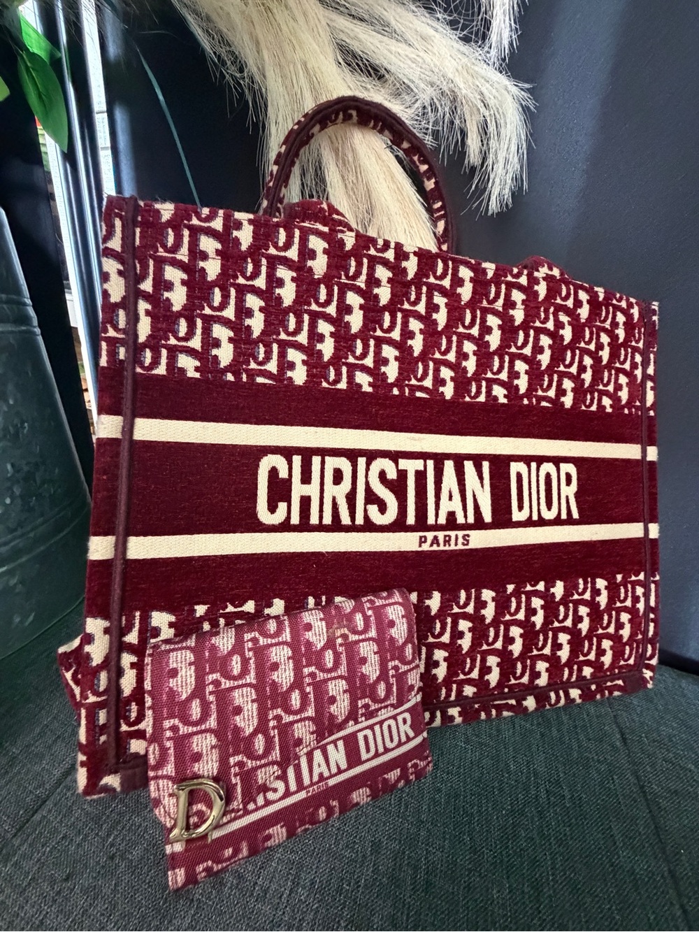 Dior Burgundy and Cream Christian Dior Book Tote with Matching Wallet
